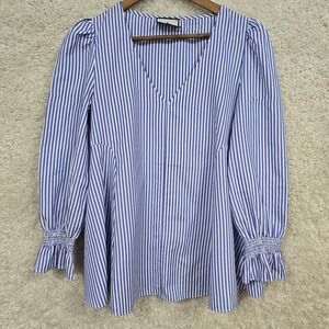 Tuckernuck Top Womens XS Blue Stripe V-Neck Smocked Wrists Lightweight Nautical